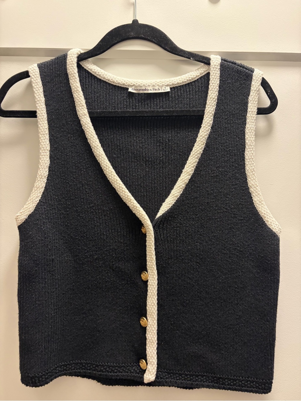 Abercrombie & Fitch Black V-Neck Knit Vest with White Trim and Gold Buttons